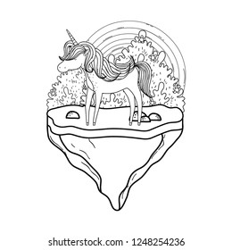 cute unicorn with rainbow in the landscape
