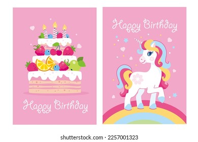 Cute unicorn with rainbow. Large cake decorated with fruits, berries and candles. Set of  birthday, holiday, baby shower, celebration greeting and invitation card. Vector illustration.