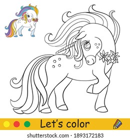 Cute unicorn with rainbow mane. Coloring book page with colorful template. Vector cartoon illustration isolated on white background. For coloring book, preschool education, print and game.