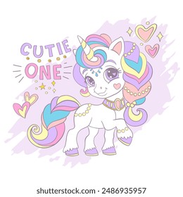 Cute unicorn with a rainbow mane. Cutie one lettering. Vector illustration in pastel colors. Cartoon character. Postcards and stickers design. For print, sublimation, t shirt and clothes design, party