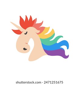 Cute Unicorn with rainbow mane. Design element for LGBTQ culture decoration, t-shirt, flag, postcard, poster, social media post.