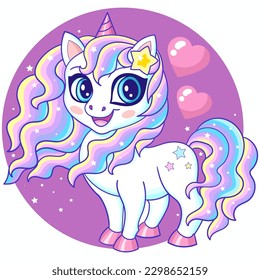 A cute unicorn with a rainbow mane and hearts. Fairy animal. For the design of prints, posters, cards, stickers, cards and so on. Vector illustration