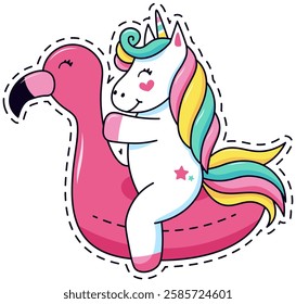 Cute unicorn with rainbow mane joyfully riding a pink flamingo pool float. Fun and whimsical illustration perfect for magical and fairytale themed designs or children s products