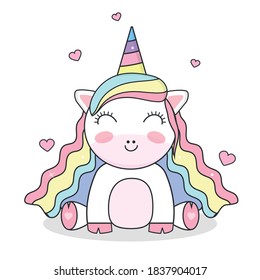 Cute unicorn with rainbow mane on light background with hearts. Unicorn for greeting cards, banners, websites, holidays, birthdays