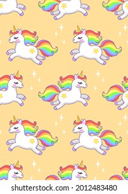 Cute unicornio con forma de arco iris sobre fondo amarillo. Patrón transparente del vector