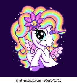 Cute unicorn with a rainbow mane on a dark background. Fabulous, fantastic animal. For children's design of prints, posters, stickers, postcards, cards, etc. Vector