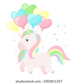 A cute unicorn with a rainbow mane and tail with heart balloons. Children's magic illustration, postcard, vector