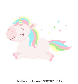 Cute unicorn with rainbow mane and rainbow tail. Children's magic illustration, postcard, vector