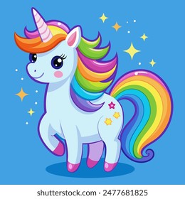 A cute unicorn with a rainbow mane and tail on a blue background