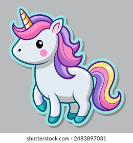 A cute unicorn with rainbow mane and tail stands on gray background