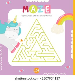 Cute Unicorn and Rainbow Maze game for children. Help Pony find correct path. Vector illustration. Labyrinth for kids activity book. Book square format.