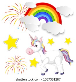 Cute unicorn and rainbow on white background illustration