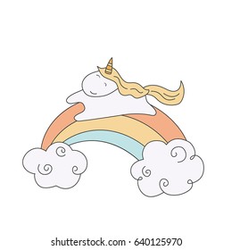 Cute unicorn and a rainbow on white background.