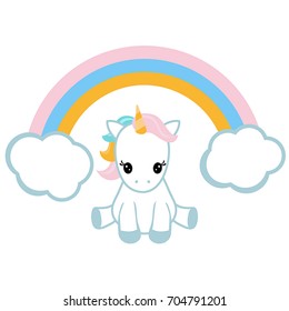 Cute unicorn and a rainbow on white background.