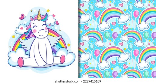 Cute unicorn and rainbow print, seamless pattern for textile or packaging. Vector illustration