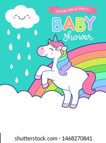 Cute unicorn with rainbow and rain background with copy space for baby shower invitation card template.
