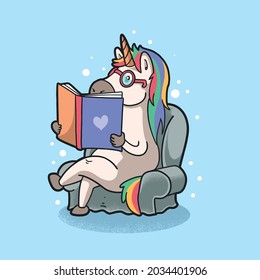 cute unicorn rainbow reading book illustration vector