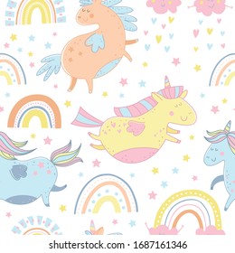 Cute Unicorn and rainbow seamless pattern. Smiling clouds, stars, hearts. Rain from hearts. Magic vector baby background. Digital paper. Digital Scrapbook Paper. Pastel colors. Kids print.