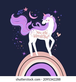 Cute unicorn and rainbow in space. Vector illustration for t-shirt design, nursery for kids in boho style