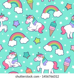 Cute unicorn, rainbow, star and ice cream seamless pattern with white little star background.