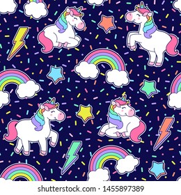 Cute unicorn, rainbow, star, thunder seamless pattern with sprinkles background