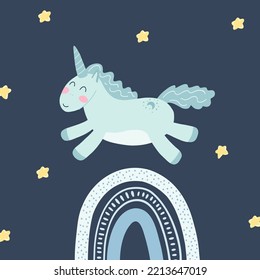 Cute unicorn, rainbow and stars in cartoon flat style. Vector illustration of baby horse, pony animal in tyrquoise color for fabric print, apparel, children textile design, card, nursery poster