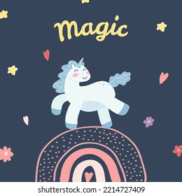 Cute unicorn, rainbow and stars in cartoon flat style. Vector illustration of baby horse, pony animal in tyrquoise color for fabric print, apparel, children textile design, card, nursery poster