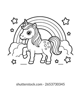 Cute unicorn with rainbow and stars coloring page, magical fantasy horse illustration for kids, black and white printable line art drawing