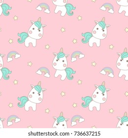 Cute unicorn with rainbow and stars seamless pattern on pink background.