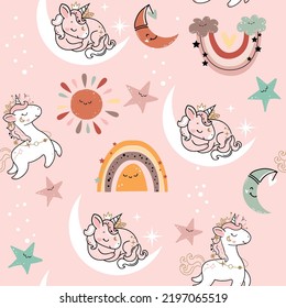 Cute unicornio, sol arcoiris, luna y planeta en estilo boho patrón sin fisuras. Ilustración de dibujos animados. Enfermería, tarjeta de saludo, ducha de bebé, impresión de pajama