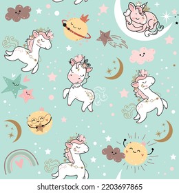 Cute unicorn, rainbow sun and planet in boho style seamless pattern. Vector cartoon illustration. Nursery, greeting card, baby shower, pajama print