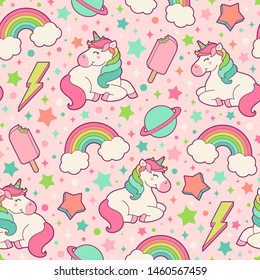 Cute unicorn, rainbow, thunder, saturn, popsicle seamless pattern with star background.