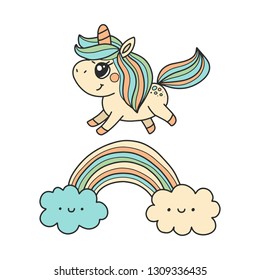 Cute unicorn and rainbow, vector illustration isolated on white background