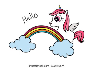Cute Unicorn and  a rainbow. Vector Illustration. Isolated on white background.