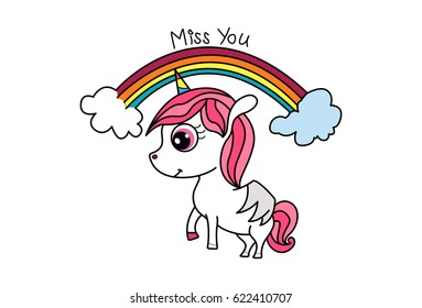 Cute Unicorn and  a rainbow . Vector Illustration. Isolated on white background.