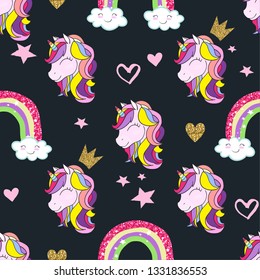 Cute Unicorn and rainbow vector pattern. Glitter magic unicorn with star, hearts . pattern for girls.Creative  background for textile, prints, paper products, the Web. 