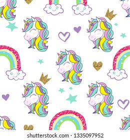 Cute Unicorn and rainbow vector pattern. Glitter magic unicorn with star, hearts . pattern for girls.Creative  background for textile, prints, paper products, the Web. 