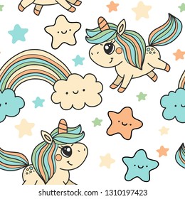 Cute unicorn and rainbow, vector seamless pattern on white background