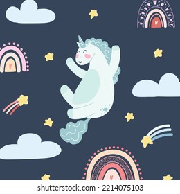 Cute unicorn with rainbows, falling stars and clouds in cartoon flat style. Vector illustration of baby horse, pony animal in tyrquoise color for fabric print, apparel, children textile design, card