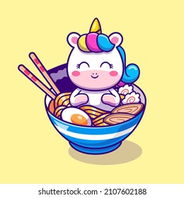 Cute Unicorn In Ramen Bowl Cartoon Vector Icon Illustration. Animal Food Icon Concept Isolated Premium Vector. Flat Cartoon Style