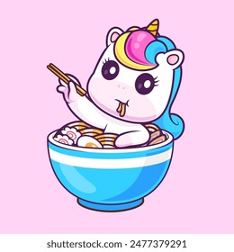 Cute Unicorn In Ramen Noodle With Chopstick Cartoon Vector Icon Illustration. Animal Food Icon Concept Isolated Premium Vector. Flat Cartoon Style