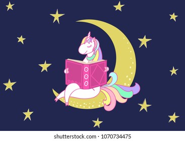 Cute unicorn reading bedtime story on the moon under night starry sky. Vector illustration.