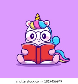 Cute Unicorn Reading Book Cartoon Vector Icon Illustration. Animal Education Icon Concept Isolated Premium Vector. Flat Cartoon Style