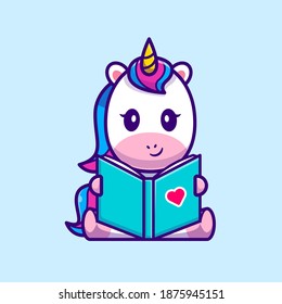 Cute Unicorn Reading Book Cartoon Vector Icon Illustration. Animal Education Icon Concept Isolated Premium Vector. Flat Cartoon Style