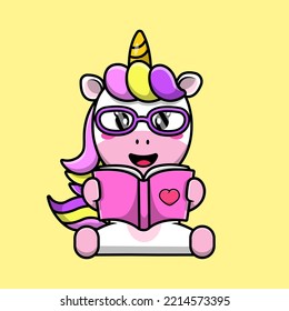 Cute Unicorn Reading Book Cartoon Vector Icons Illustration. Flat Cartoon Concept. Suitable for any creative project.
