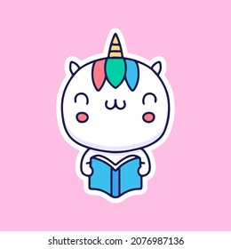 Cute unicornio leyendo una ilustración de un libro. Gráficos vectoriales para impresiones de merch y otros usos.