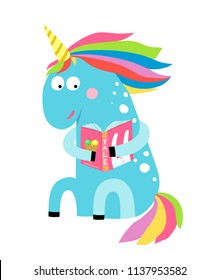 Cute Unicorn Reading a Book. Little blue magic horse reading, fun childish illustration. Vector cartoon.