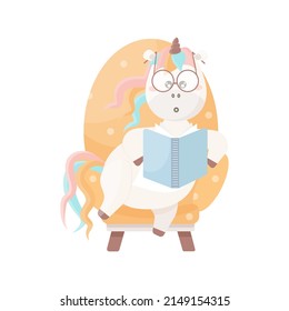 Cute unicorn reading a book, while sitting on the armchair. Vector unicorn illustration in flat cartoon style.