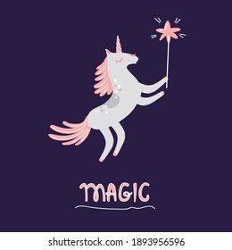 Cute unicorn rearing up with magic stick. Cartoon character. Funny animal in flat style isolated on dark background. Stock vector illustration for design t-shirt print, poster, stickers, logo, icon