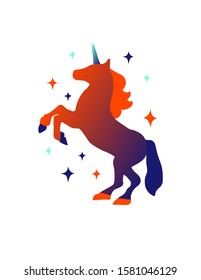 Cute unicorn rearing up silhouette gradient in colors of the year 2020 isolated on white background. Cartoon magic concept. Stock vector illustration for logo, t-shirt print, kids room poster, sticker